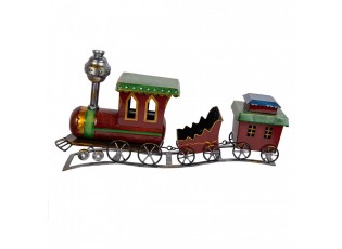 Červená antik kovová dekorace vláček na koleji Train - 70*15*36 cm