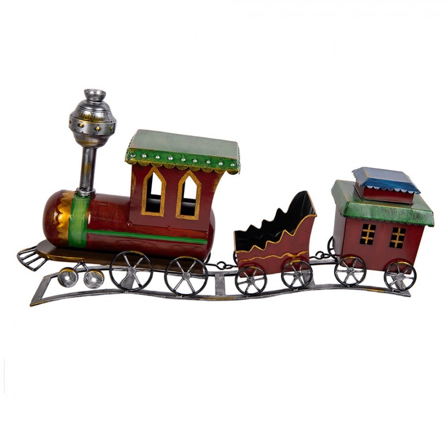 Červená antik kovová dekorace vláček na koleji Train - 70*15*36 cm