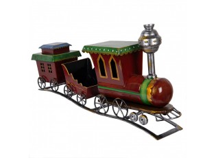 Červená antik kovová dekorace vláček na koleji Train - 70*15*36 cm