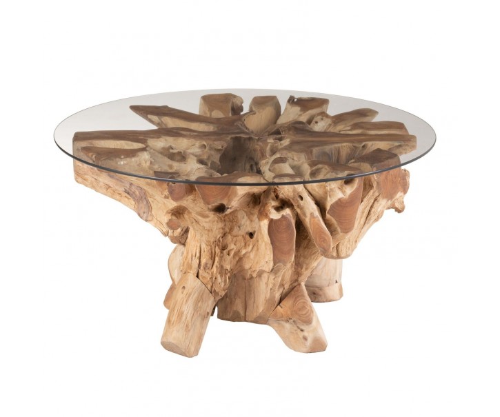 Přírodní coffee stůl z teakového dřeva a skleněnou deskou na kmeni Raoul teak - Ø90*45cm J-Line by Jolipa