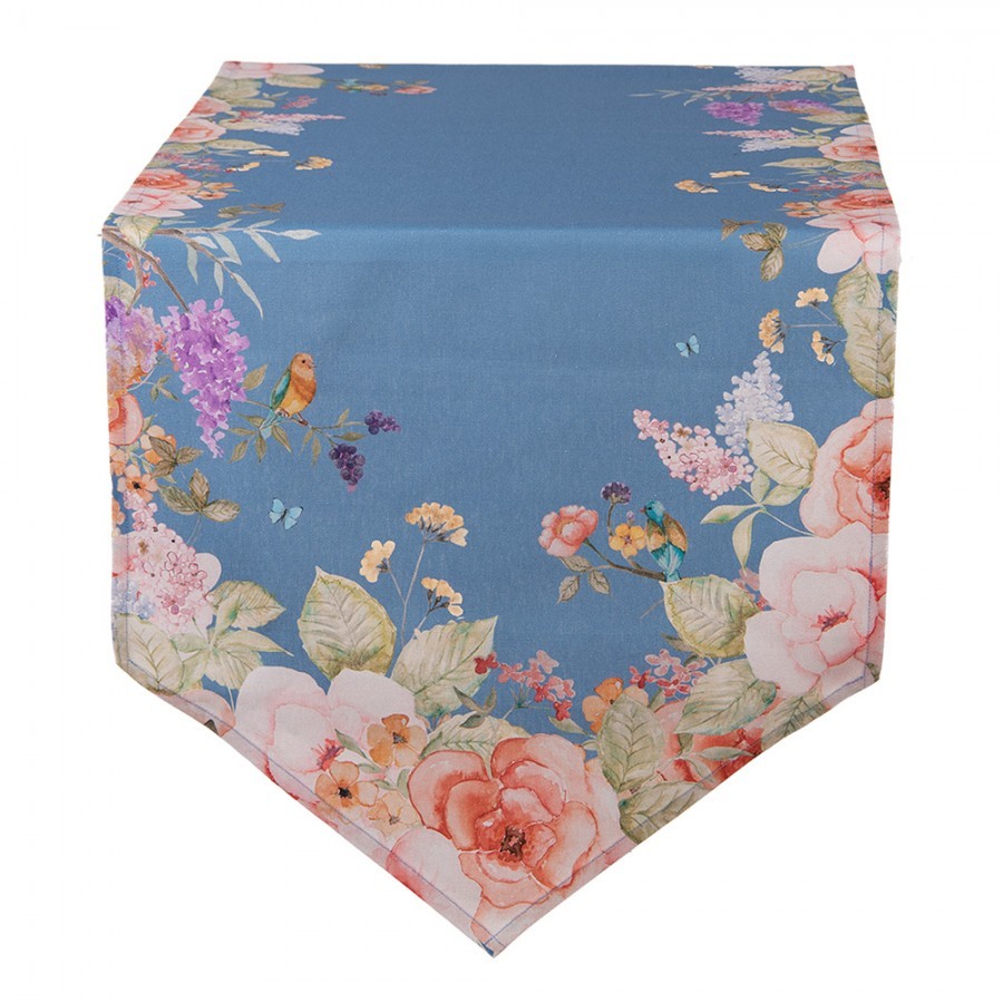 Modrý bavlněný běhoun s květy Flower & Fiesta - 50*160 cm