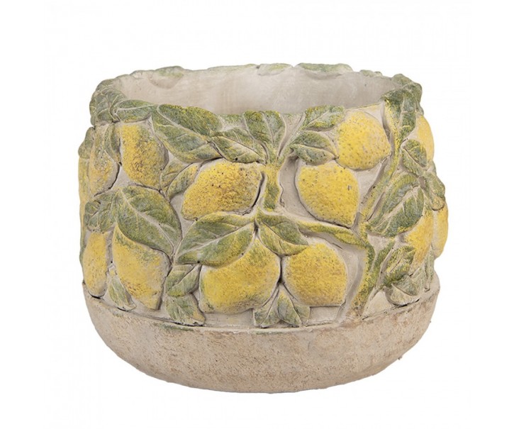 Béžový antik cementový květináč lemovaný citróny Lemoni - Ø 19*15cm Clayre & Eef