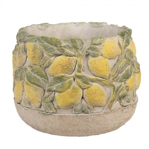 Béžový antik cementový květináč lemovaný citróny Lemoni - Ø 19*15cm