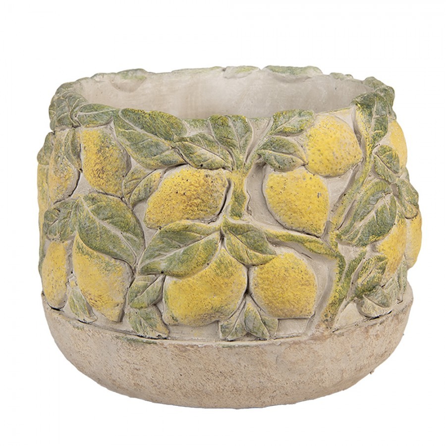 Béžový antik cementový květináč lemovaný citróny Lemoni - Ø 19*15cm