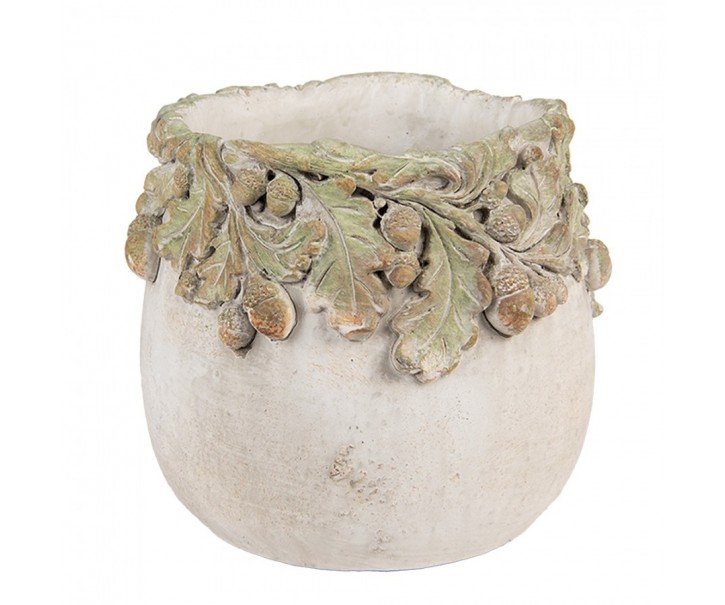 Cementový květináč s dubovými listy a žaludy Acornia S - Ø 15*13 cm Clayre & Eef