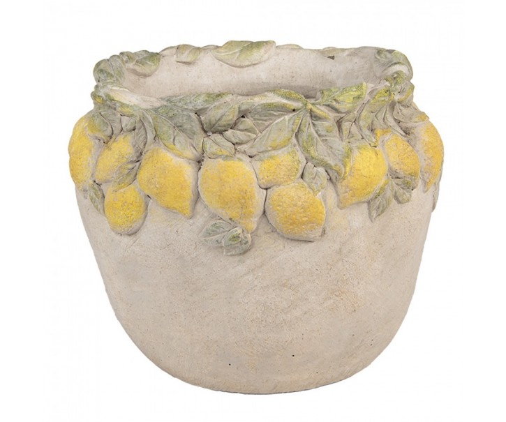 Béžový cementový květináč lemovaný citróny Lemoni - Ø 22*19 cm Clayre & Eef