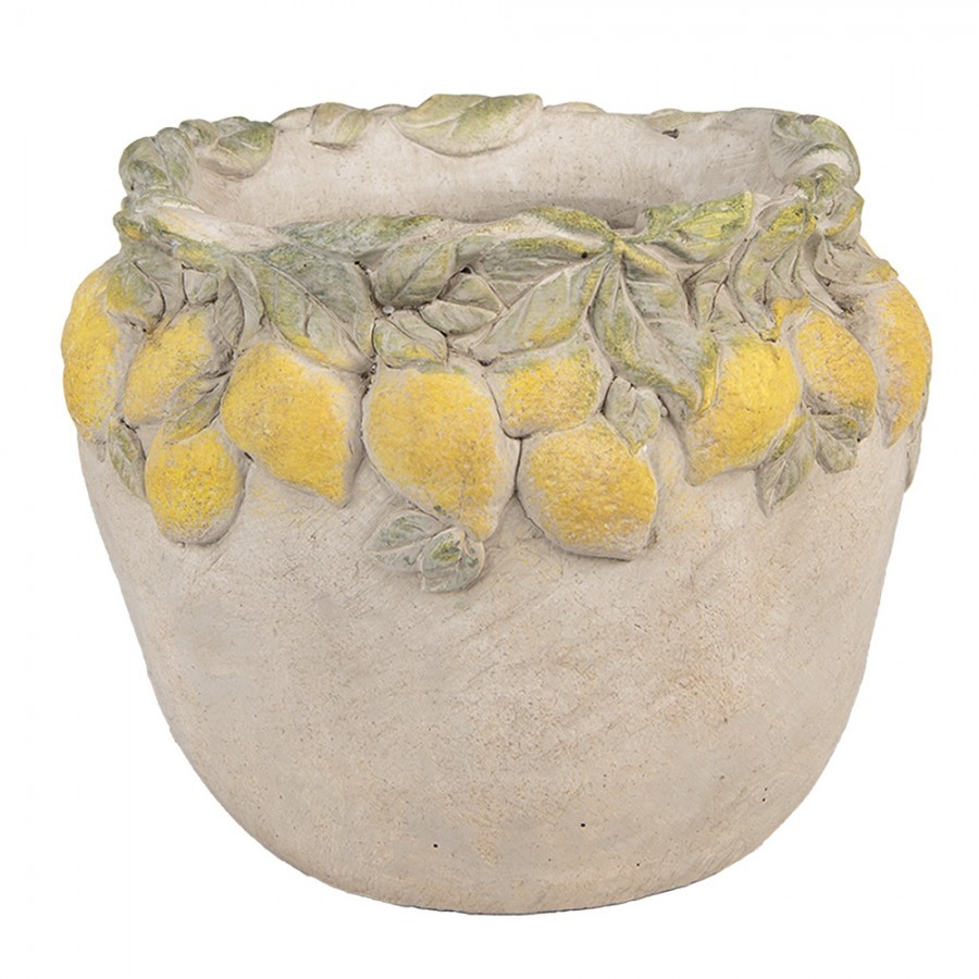 Béžový cementový květináč lemovaný citróny Lemoni - Ø 22*19 cm