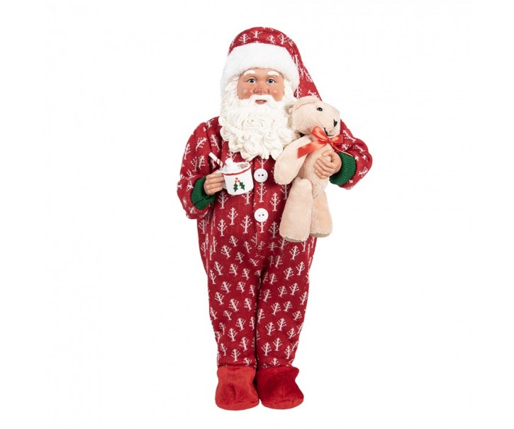 Červená dekorace figurka Santa Claus v overalu a s medvídkem - 22*19*45 cm Clayre & Eef