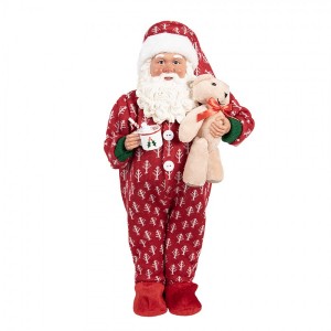 Červená dekorace figurka Santa Claus v overalu a s medvídkem - 22*19*45 cm