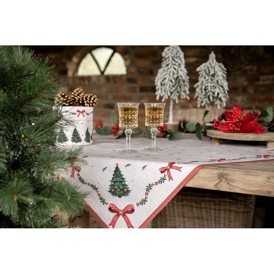 Béžový bavlněný ubrus se stromky Christmas Harmony - 100*100 cm