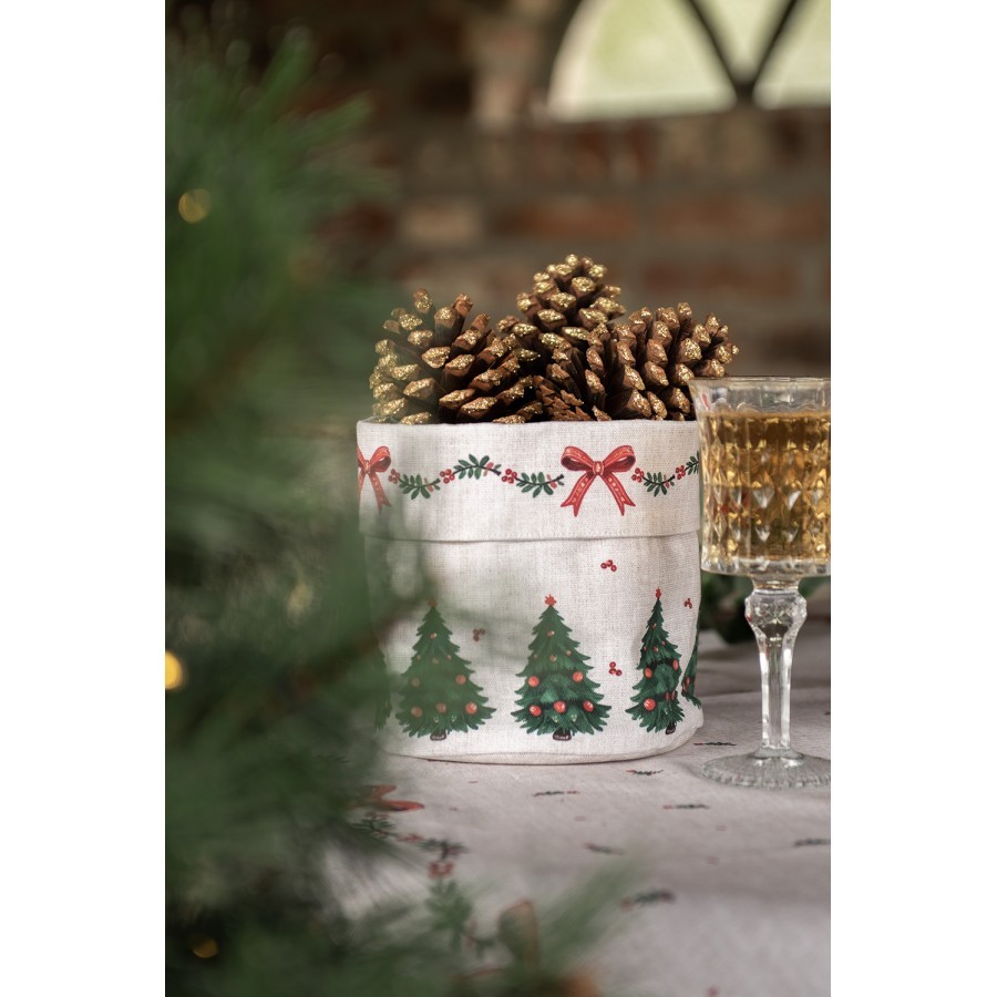 Béžový bavlněný košík na pečivo se stromky Christmas Harmony - Ø 15*16 cm