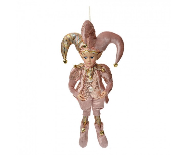Růžová závěsná dekorace Elf v šaškovském obleku - 20*8*37 cm Clayre & Eef