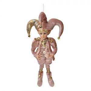 Růžová závěsná dekorace Elf v šaškovském obleku - 20*8*37 cm