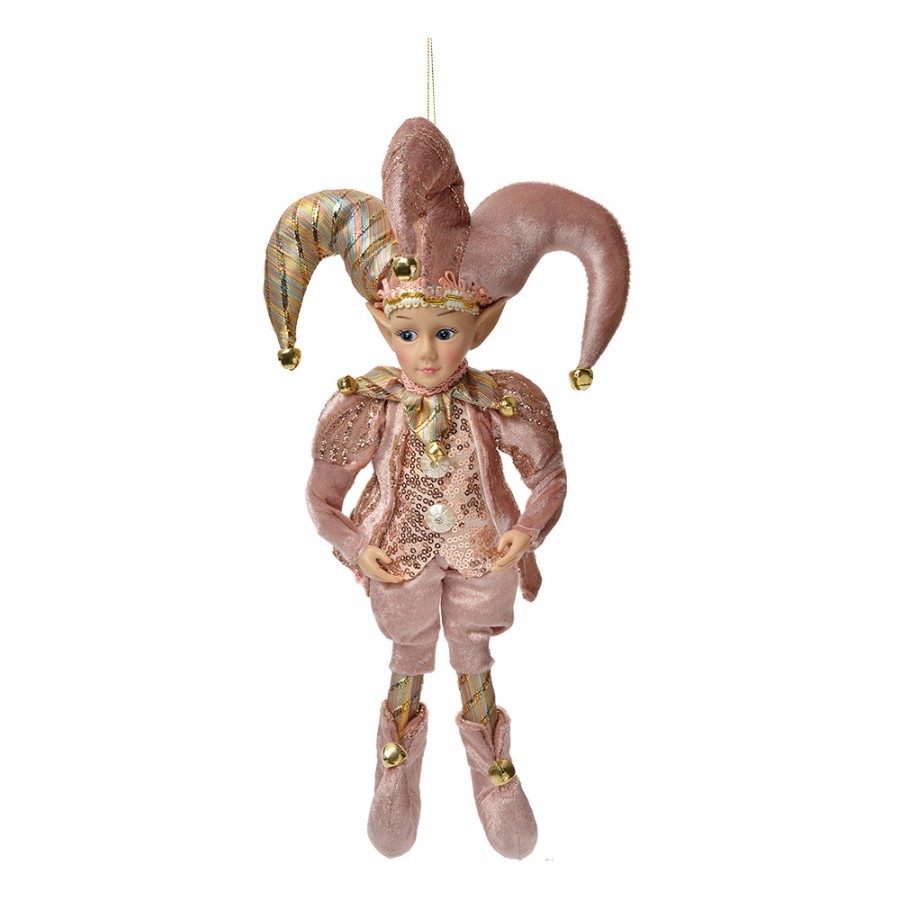 Růžová závěsná dekorace Elf v šaškovském obleku - 20*8*37 cm
