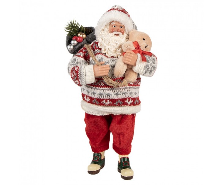 Červená vánoční figurka Santa Claus s medvídkem - 13*10*28 cm Clayre & Eef