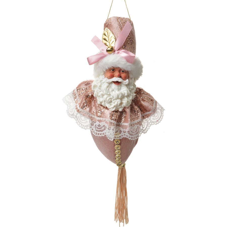 Růžová závěsná dekorace Santa se zdobným oblekem - 8*8*35 cm