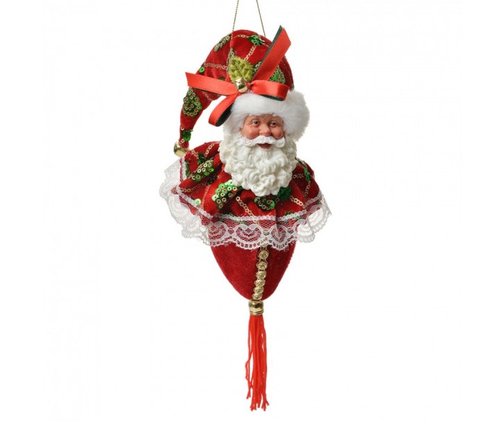 Závěsná dekorace hlava Santa se zdobnou čepicí - 8*8*35 cm Clayre & Eef