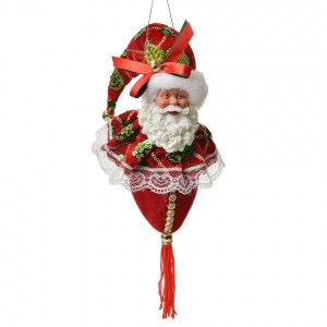 Závěsná dekorace hlava Santa se zdobnou čepicí - 8*8*35 cm