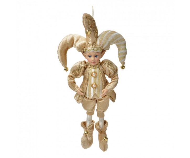 Zlatá závěsná dekorace Elf v šaškovském obleku - 14*10*38 cm Clayre & Eef