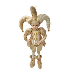 Zlatá závěsná dekorace Elf v šaškovském obleku - 14*10*38 cm