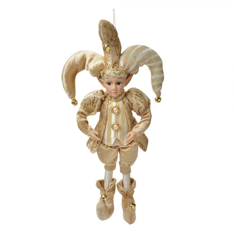Zlatá závěsná dekorace Elf v šaškovském obleku - 14*10*38 cm
