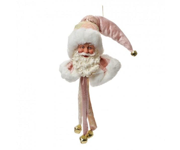 Růžová závěsná dekorace Santa s rolničkami - 12*13*68 cm Clayre & Eef