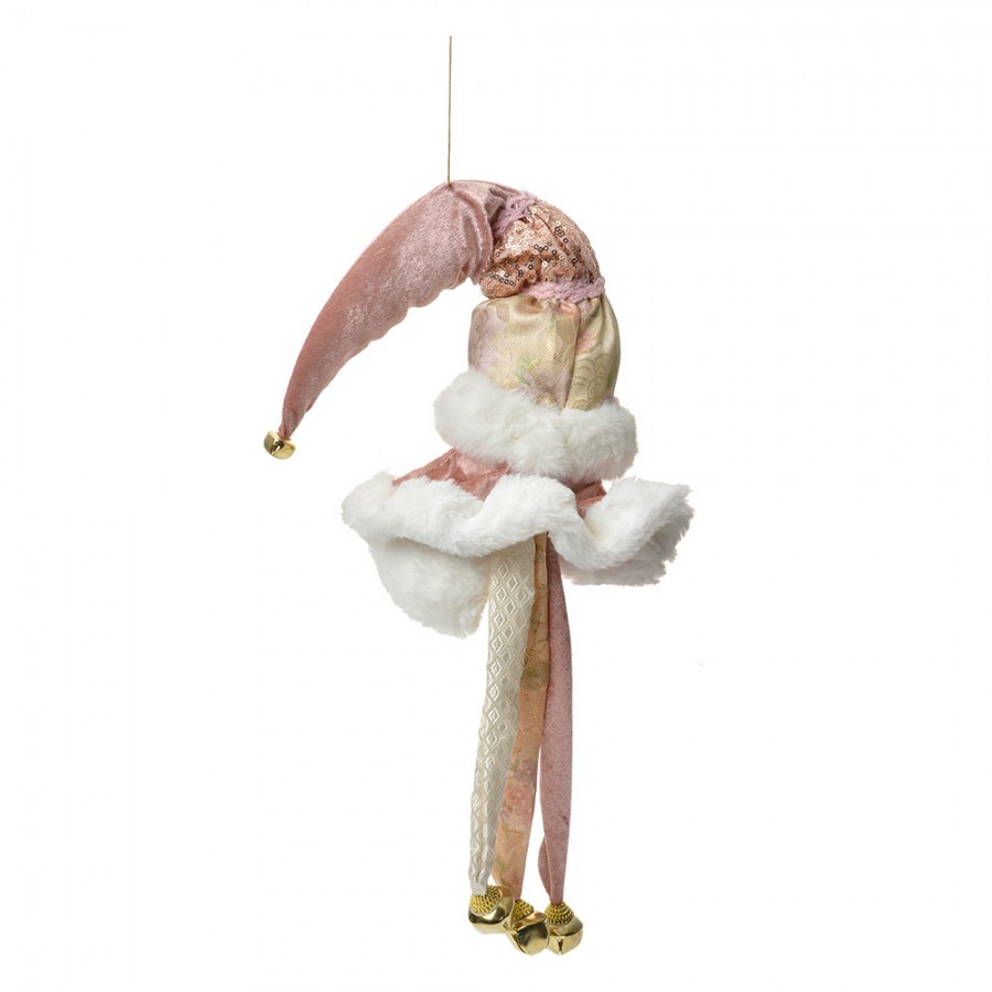 Růžová závěsná dekorace Santa s rolničkami - 12*13*68 cm