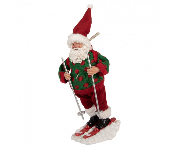 Červená vánoční figurka Santa Claus na lyžích - 15*13*28 cm Clayre & Eef