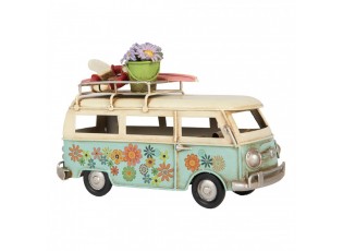 Béžovo-modrý kovový retro model autobus s květy - 17*7*11 cm
