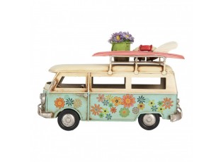 Béžovo-modrý kovový retro model autobus s květy - 17*7*11 cm