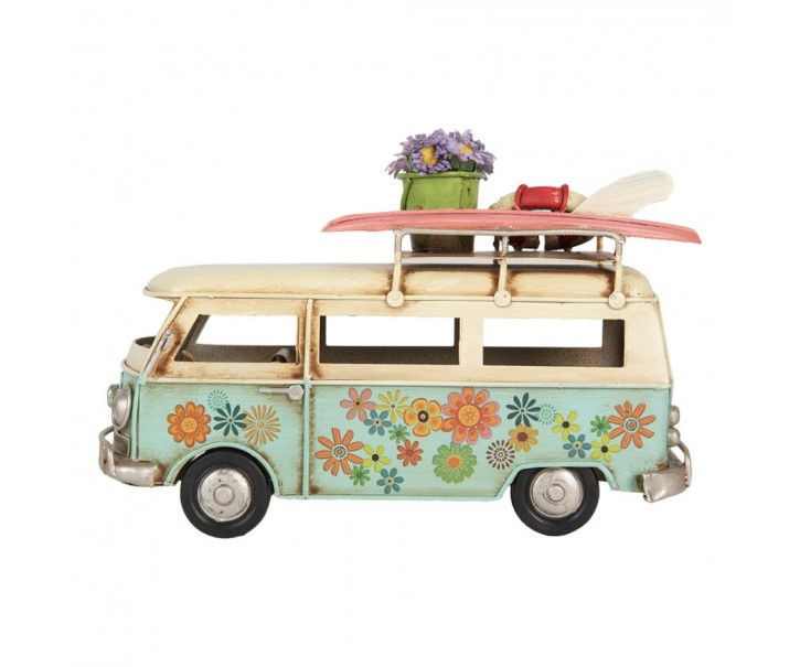 Béžovo-modrý kovový retro model autobus s květy - 17*7*11 cm Clayre & Eef