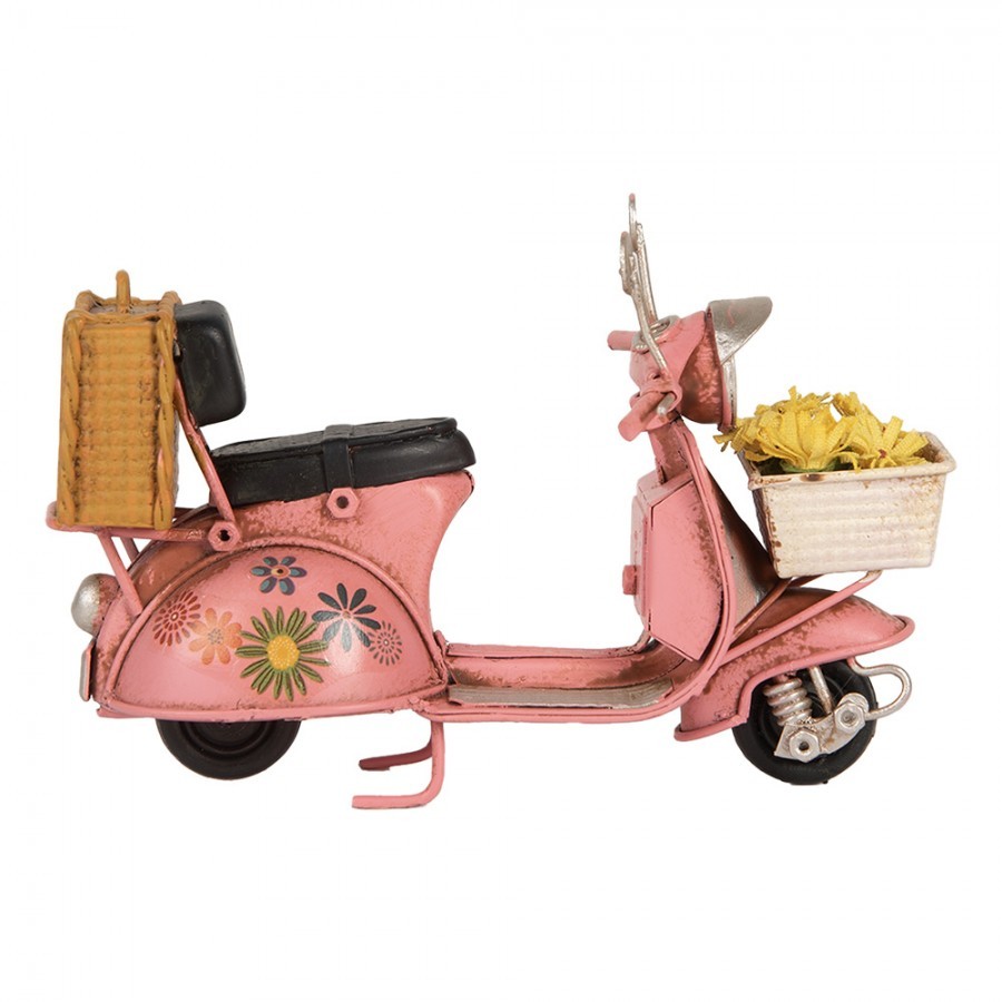 Růžový kovový retro model Scooter s květy - 12*6*8 cm