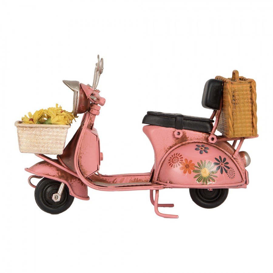 Růžový kovový retro model Scooter s květy - 12*6*8 cm