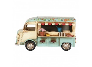 Béžovo-modrý kovový retro model autobus občerstvění s květy - 26*14*14 cm