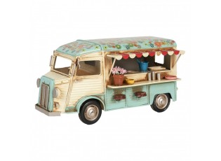 Béžovo-modrý kovový retro model autobus občerstvění s květy - 26*14*14 cm