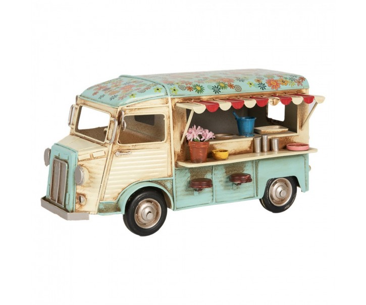 Béžovo-modrý kovový retro model autobus občerstvění s květy - 26*14*14 cm Clayre & Eef