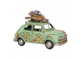 Zelený kovový retro model auta Fiat s květy - 26*12*18 cm
