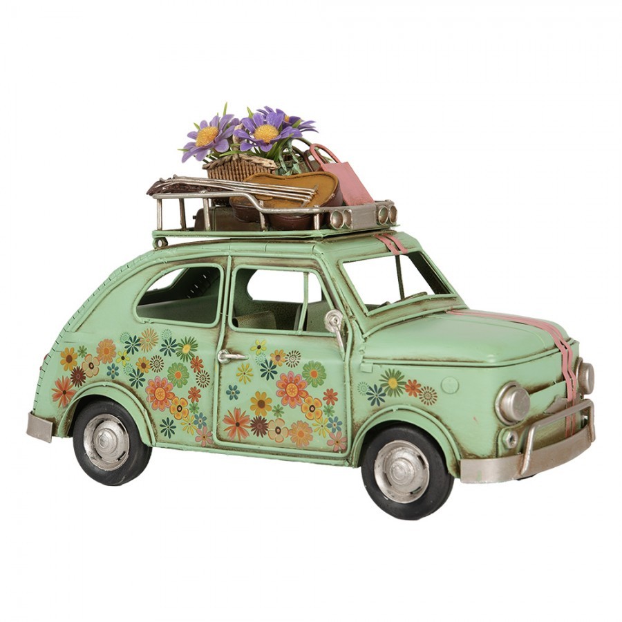 Zelený kovový retro model auta Fiat s květy - 26*12*18 cm