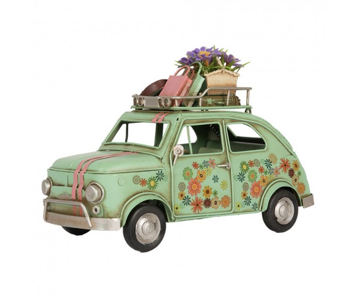 Zelený kovový retro model auta Fiat s květy - 26*12*18 cm Clayre & Eef