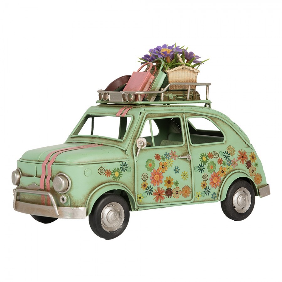 Zelený kovový retro model auta Fiat s květy - 26*12*18 cm