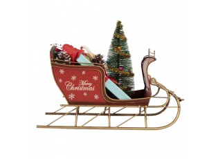 Červená dekorace sáně s dárky a stromkem Merry Christmas - 30*15*22 cm