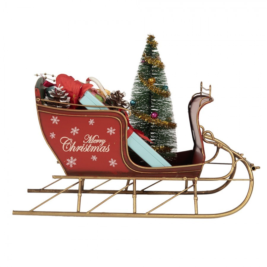 Červená dekorace sáně s dárky a stromkem Merry Christmas - 30*15*22 cm