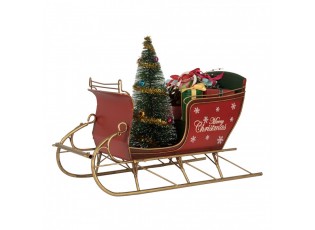 Červená dekorace sáně s dárky a stromkem Merry Christmas - 30*15*22 cm