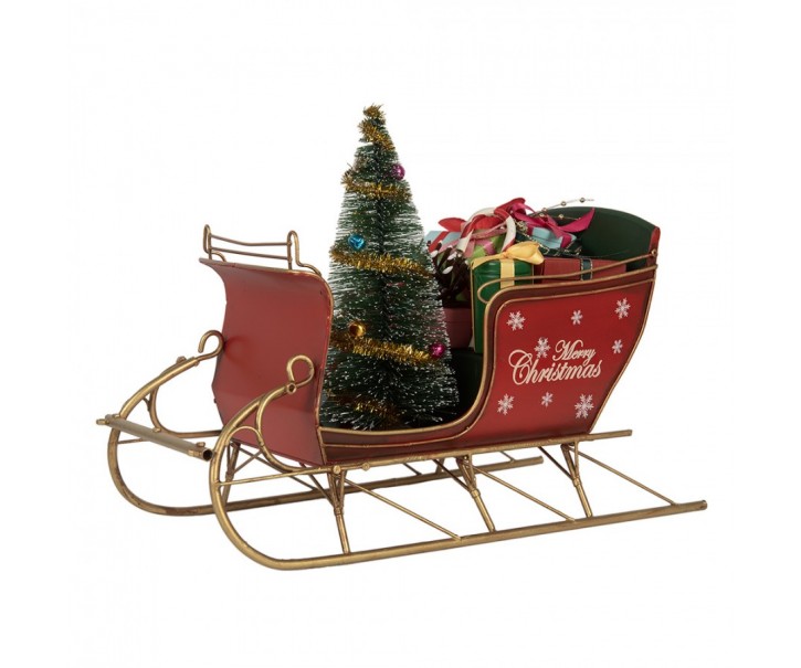 Červená dekorace sáně s dárky a stromkem Merry Christmas - 30*15*22 cm Clayre & Eef