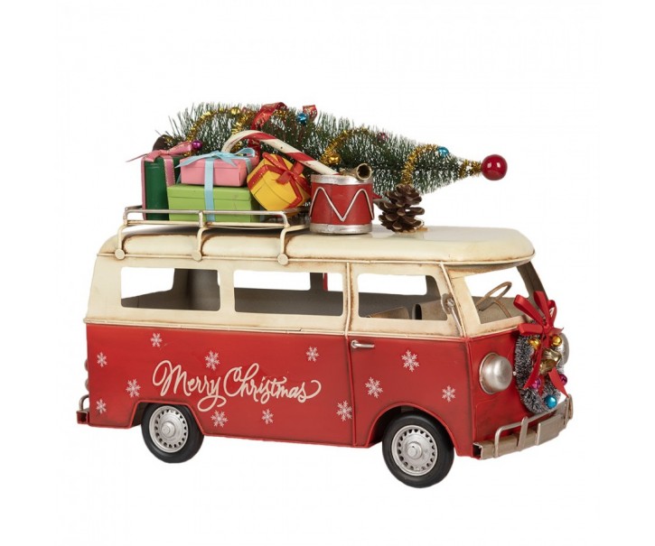Červený retro model autobus s dárky a stromkem Christmas - 38*16*28 cm Clayre & Eef
