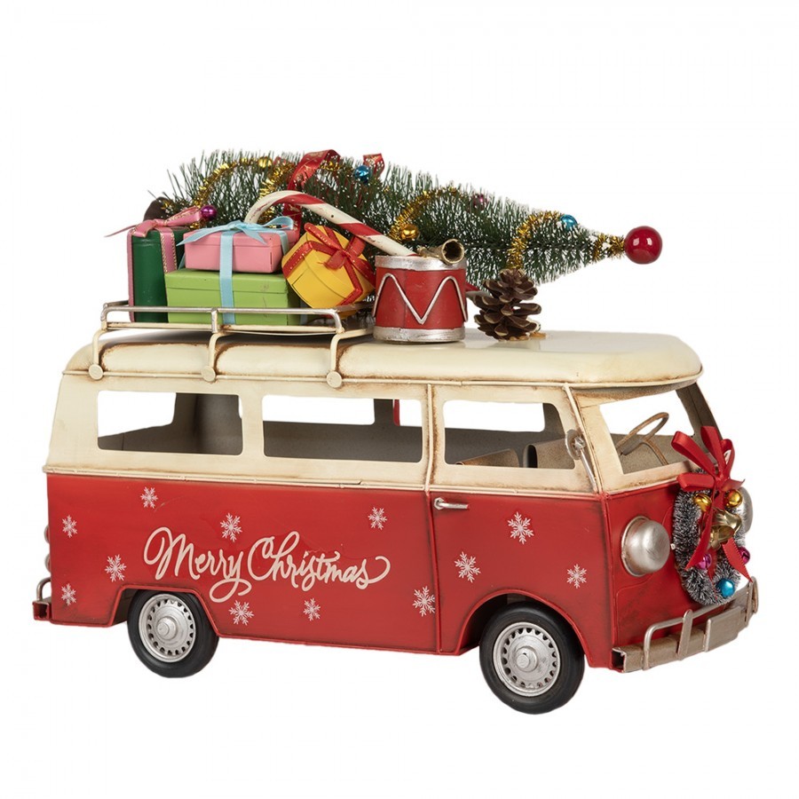 Červený retro model autobus s dárky a stromkem Christmas - 38*16*28 cm