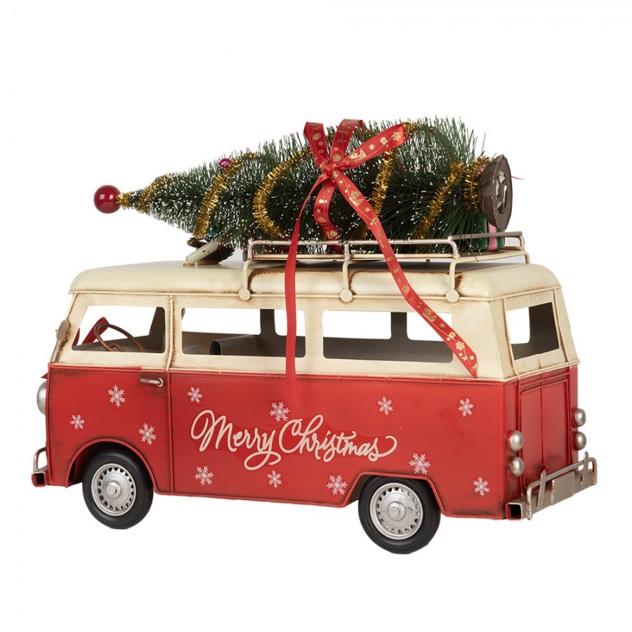 Červený retro model autobus s dárky a stromkem Christmas - 38*16*28 cm