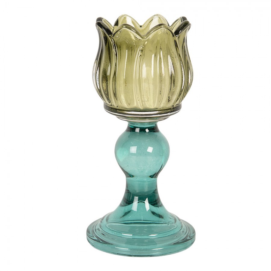 Tyrkysovo-zelený skleněný svícen tulipán Colorful Garden - Ø 8*16 cm 6GL5340