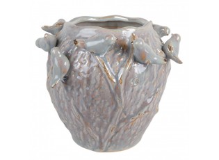 Modrý terakotový obal na květináč s zdobený ptáčky - Ø 25*20 cm