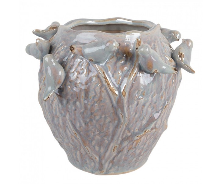 Modrý terakotový obal na květináč s zdobený ptáčky - Ø 25*20 cm Clayre & Eef